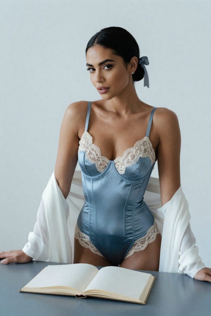 AiPronCatalog muse in a slate-blue satin corset with ivory lace at the catalogue desk, a bound blank picture book open beside her